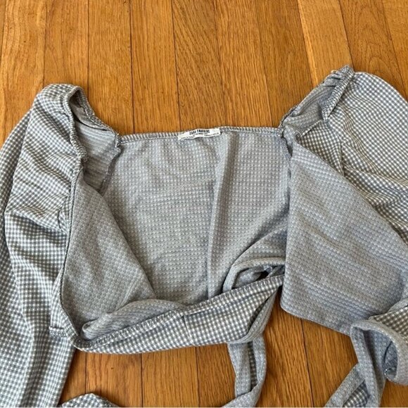 Zara Gray Gingham Blouse Wrap Tie Long Sleeve Crop Top Women’s Size Small - Picture 4 of 6